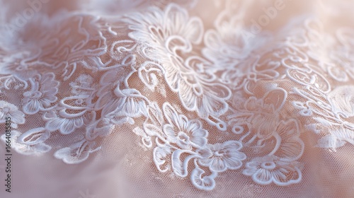 Romantic pastel pink lace fabric background with intricate embroidery floral designs highlighting the softness and delicacy of the textile surface perfect for bridal fashion or craft projects