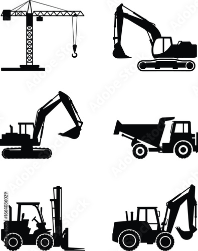 Wallpaper Mural Silhouette construction machinery set, heavy equipment icons, crane, excavators, dump truck, forklift, industrial vehicles, black vector illustrations, isolated on white Torontodigital.ca