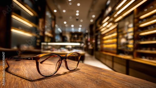 Eyeglasses on a table in a modern eyewear store, surrounded by glass cabinets and softly lit interiors