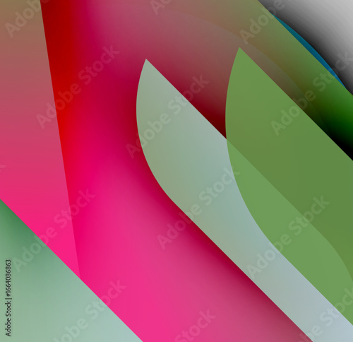 Abstract composition featuring vibrant color gradients. Shapes overlap creating dynamic visual effect. Smooth transitions dominate image.