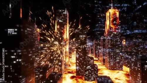 Urban Inferno: Cityscape Ablaze with Fire and Destruction