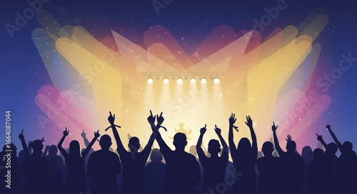 A vibrant flat design illustration capturing the electric atmosphere of a music festival, with a diverse crowd cheering and hands raised in unity.