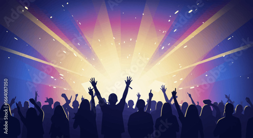 A vibrant flat design illustration capturing the electric atmosphere of a music festival, with a diverse crowd cheering and hands raised in unity.