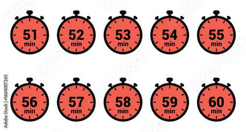 min 51, 52, 53, 54, 55, 56, 57, 58, 59 and 60 time icon vector design illustration background set
