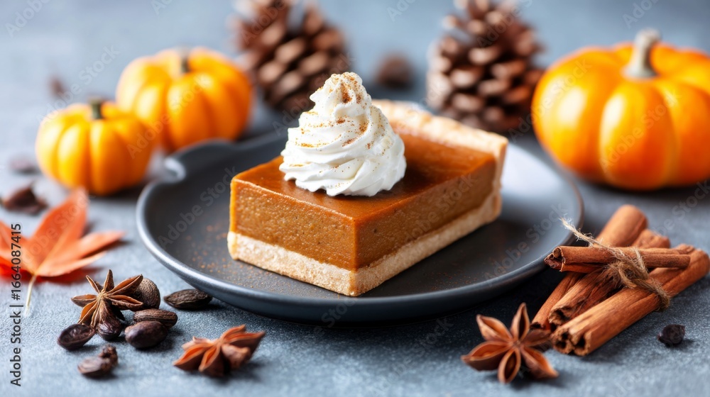 Fototapeta premium A delicious slice of pumpkin pie topped with whipped cream, surrounded by pumpkins, pinecones, and spices, evoking a warm autumn atmosphere.