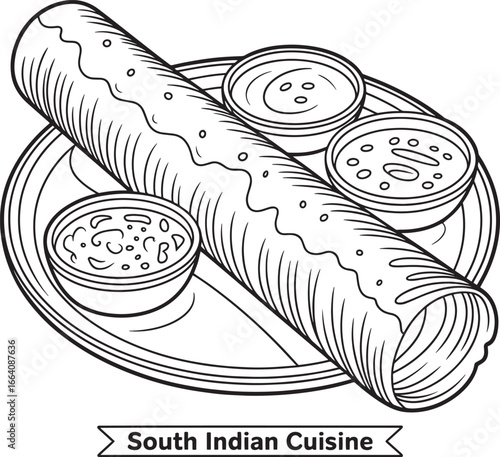 South Indian Cuisine Vector Illustration – Dosa with Chutneys and Sambar on Traditional Plate, Dosa vector, Indian cuisine