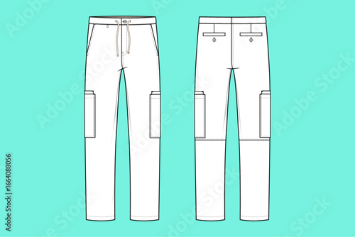 Unisex Medical Uniform Jogger Pant Apparel Flat Sketch Outline CAD Mockup Template.