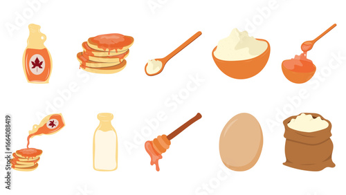 Set of pancakes stuff, maple, eggs, milk, honey. Pancakes with toppings. Baking with syrup or honey. Breakfast concept. Vector illustration.