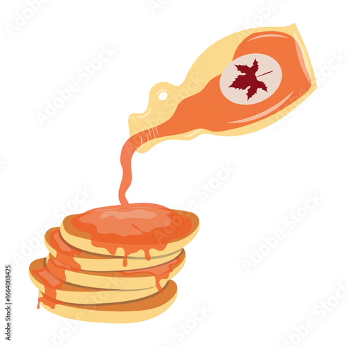 Flat Illustration Stack of Pancakes with Maple Syrup Pouring Down Breakfast
