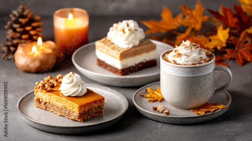 A cozy autumn scene featuring delicious desserts and a warm cup of hot chocolate, surrounded by candles and autumn leaves.