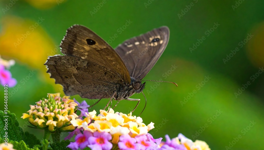Obraz premium A close-up view of a brown butterfly delicately feeding on vibrant blossoms, showcasing its intricate details against a backdrop of soft, out-of-focus green and colorful flowers.