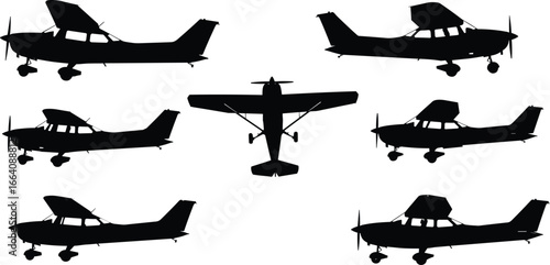 Silhouettes of small single-engine airplanes, multiple angles, light aircraft, flying planes, propeller planes, aviation vector, private pilot planes