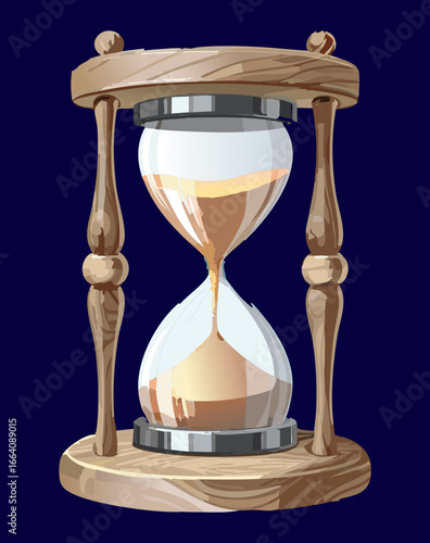 A classic wooden-framed hourglass with fine golden sand flowing steadily, embodying traditional timekeeping and the natural rhythm of passing moments