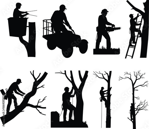 Tree cutting worker silhouette, arborist climbing vector, lumberjack with chainsaw, forest tree maintenance design, pruning worker illustration, woodcutter graphic