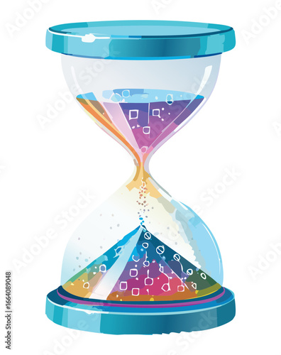 A uniquely designed hourglass containing geometric particles of blue and purple, showcasing a modern and stylized representation of time's passage