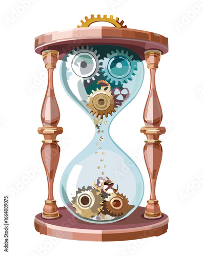 A transparent hourglass revealing intricate internal clockwork mechanisms instead of sand, illustrating the complex inner workings of time itself