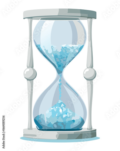 Elegant hourglass with a classic design and blue particles, a tranquil illustration of time flowing peacefully.
