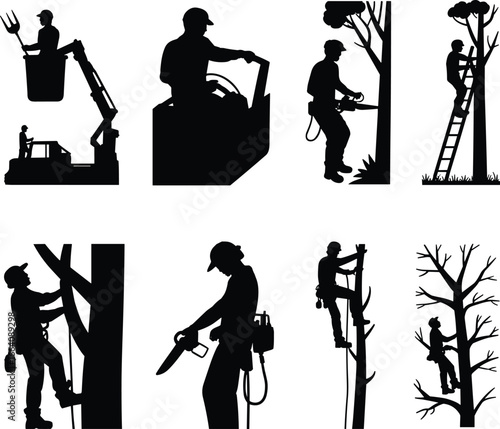 Tree worker silhouette, lumberjack cutting tree, arborist climbing illustration, chainsaw worker vector, forest tree maintenance graphic, woodcutter design artwork