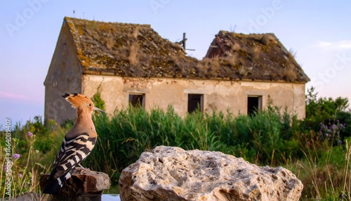 A woodpecker-like bird perches on a weathered stone structure, in front of a dilapidated, rustic building, evoking a tranquil, serene atmosphere.
