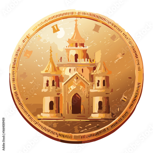 A richly detailed gold coin with an intricate drawing of a royal castle and its surrounding kingdom, evoking themes of power, fantasy, and riches