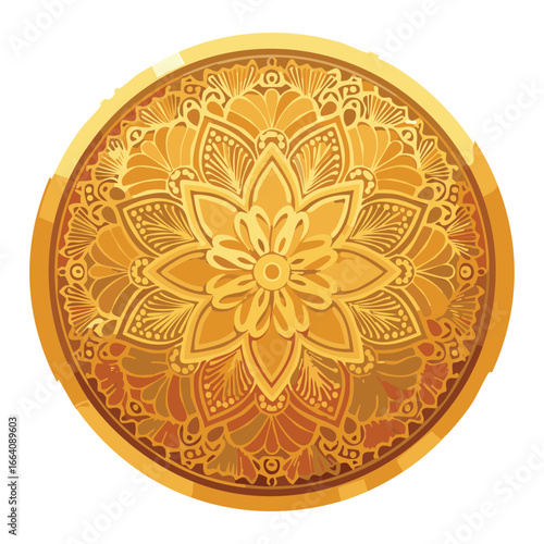  Ornate gold coin with a mandala design, a beautiful and intricate illustration of spiritual or decorative themes.
