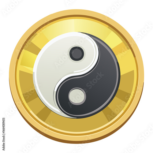 Gold coin with a classic black and white Yin and Yang symbol, representing balance, harmony, and dualism