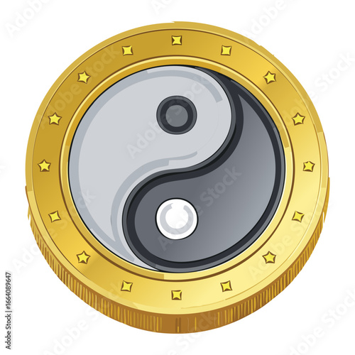 Classic Yin and Yang symbol in a golden circular medallion or game coin, representing balance and harmony	