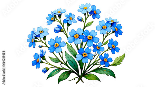 Beautiful blue flowers arrangement nature isolated on transparent background, png, Top side closeup macro view of blue flowers with leaves, on a white isolated background PNG