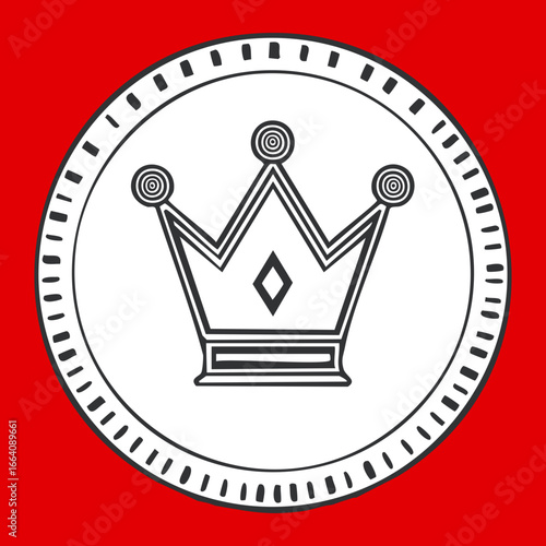 Bold black and white minimalist icon of a majestic crown on a red circular background with a decorative border	