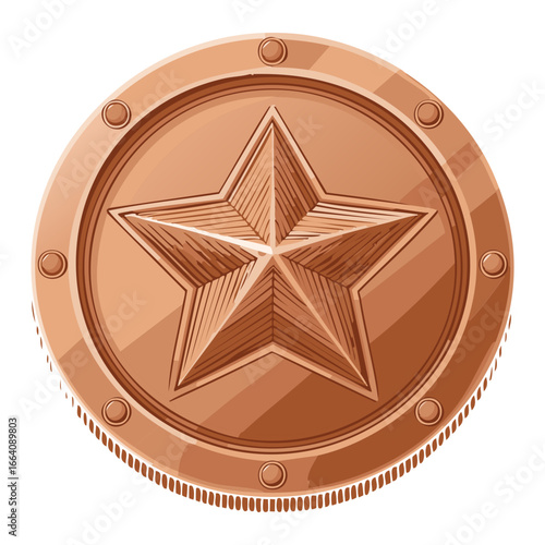 Detailed round bronze medal with rivets and a bold star, a realistic and solid icon for achievements and recognition.