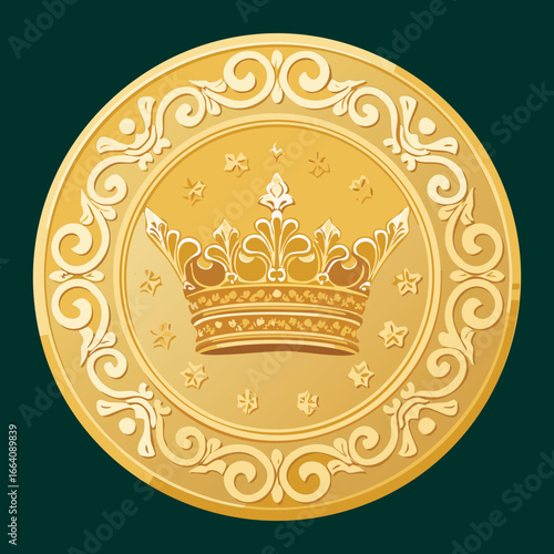 Shiny golden coin with a classic crown design, a high-quality icon representing luxury, success, and digital currency.