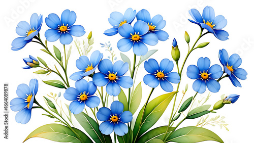 Beautiful blue flowers arrangement nature isolated on transparent background, png, Top side closeup macro view of blue flowers with leaves, on a white isolated background PNG