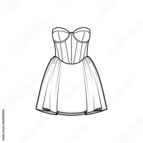 Strapless Party Dress Fashion Flat. Elegant Bustier Bodice & Flared Skirt Vector Illustration