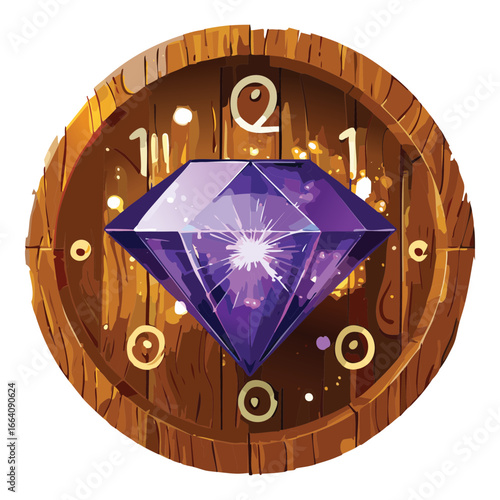  Wooden clock with a brilliant purple diamond, ornamental golden details, medieval fantasy time device, game art.