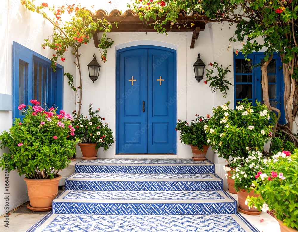 Naklejka premium White house with blue doors and flowers