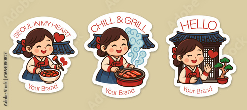 A collection of fun and colorful stickers: a chubby woman in hanbok eating various Korean foods, drawn in a playful vector style.