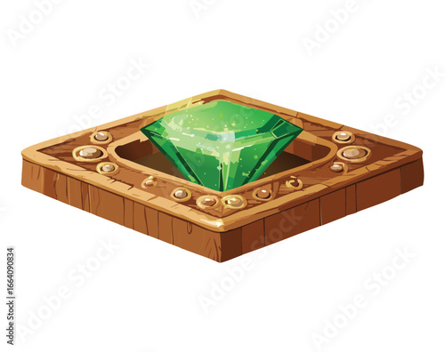 Wooden box with a brilliant green gem visual illustration game design element.