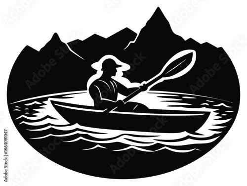 Kayaker paddling in mountain lake serene outdoor adventure black and white design