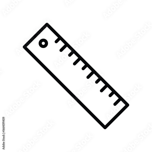 A blackoutlined ruler icon featuring a circular hole measurement markings and a tilted rectangular shape. Editable stroke. Vector illustration