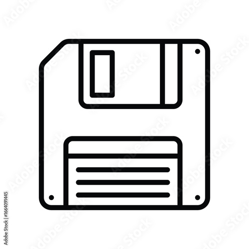 A line drawing of a floppy disk featuring a square shape with a notched corner and a sliding cover revealing horizontal lines. Editable stroke. Vector illustration
