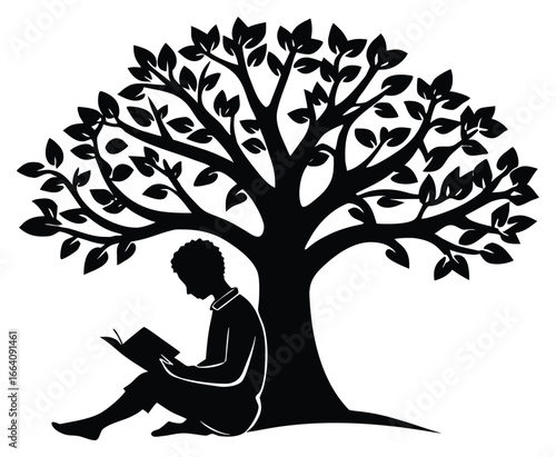 Silhouette of a boy reading under a large leafy tree peaceful scene
