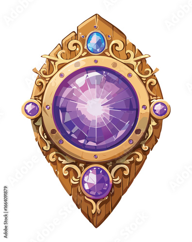 Stunning deep purple amethyst in a highly detailed golden frame, a unique Visual Illustration Game asset for magical spells or power-ups