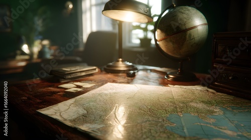 Vintage scholars desk with an illuminated map antique globe and warm bankers lamp.