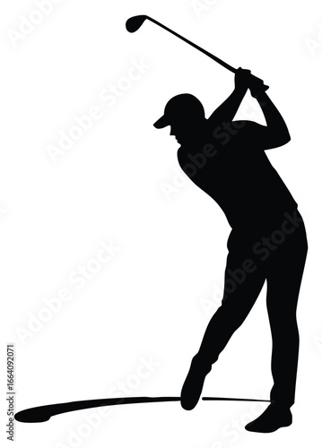 Silhouette of a golfer in mid swing against a white background perfectly