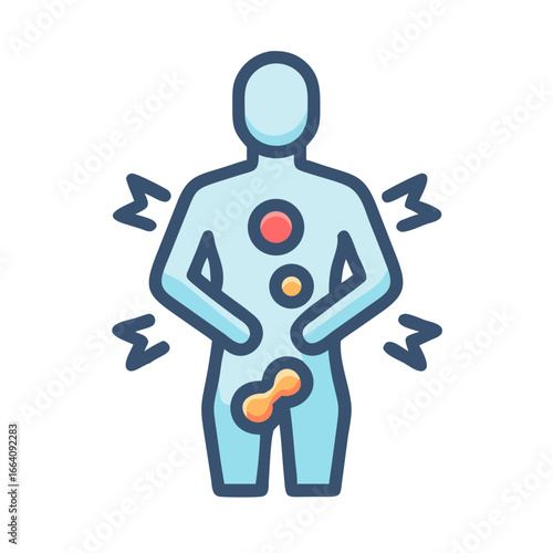Male figure experiencing discomfort or pain in different body areas