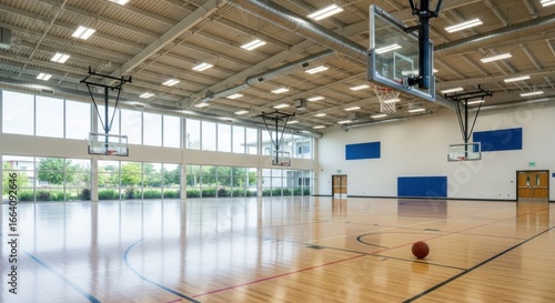 A modern, welllit indoor basketball gymnasium with a polished wooden floor, multiple hoops, and large windows offering a view of the outdoors