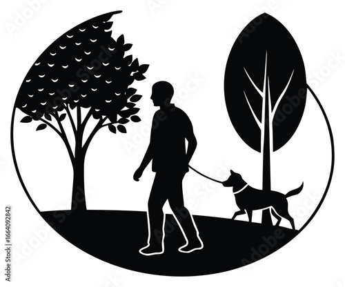 Silhouette of a man walking his dog in a park scene artwork