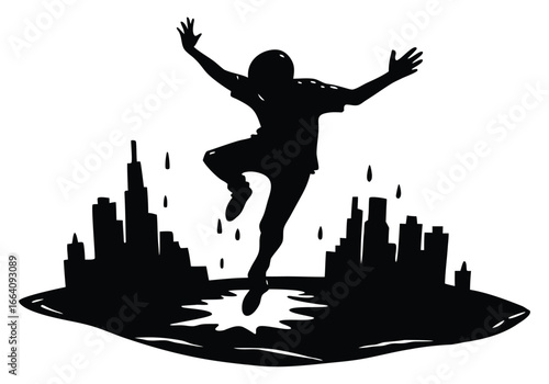 Silhouette of a person jumping in a puddle in the city after rain
