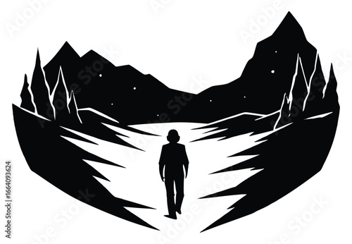 Silhouette of a person walking in a mountainous starry landscape art