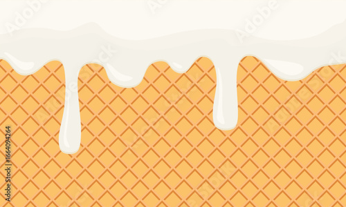 Melting Vanilla or Yogurt Cream on Wafer Background. Sweet Vanilla and Yogurt Dripping Cream on Wafer Texture